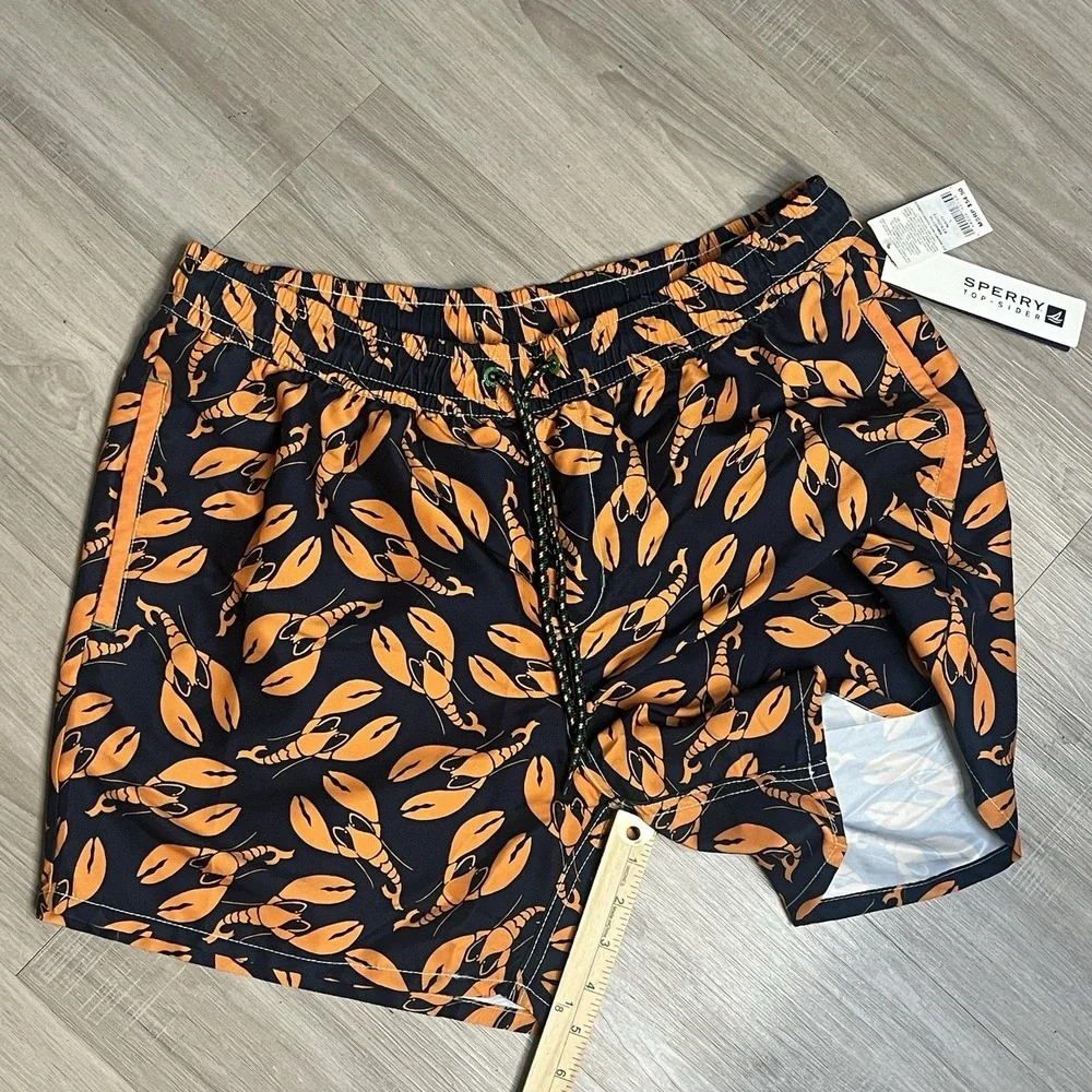 Sperry Men's Swim Trunks Navy Orange Lobster-Pockets-Stripes Large 5